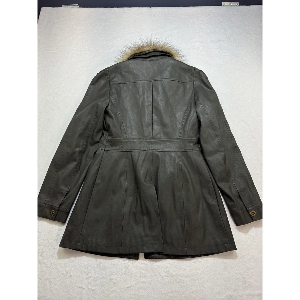 Maeve By Anthropologie Coat Womens Large Gray Faux Leather Fur Collar Winter - Picture 9 of 10